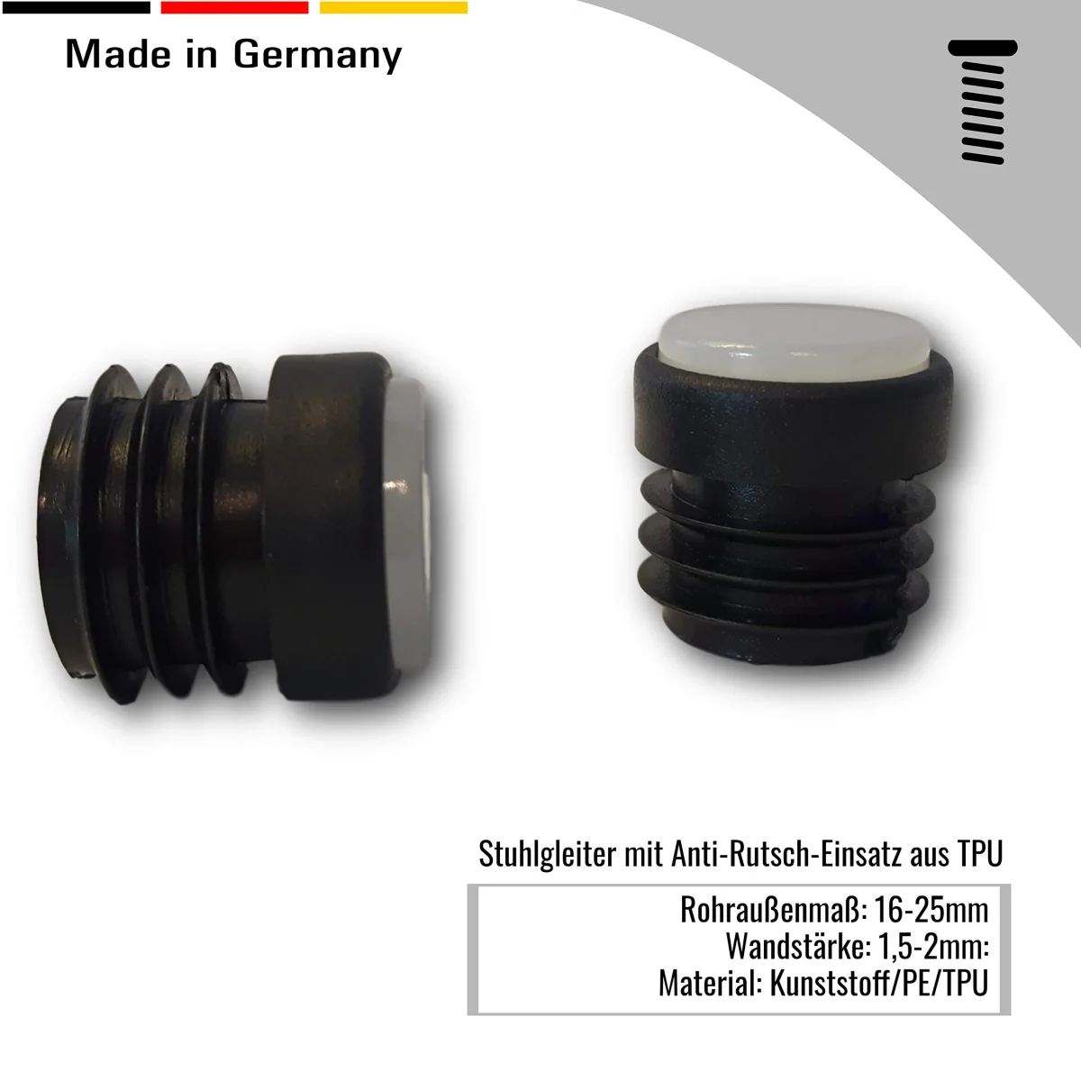 4 St. Stuhlgleiter mit Anti-Rutsch-Einsatz aus TPU, für Rundrohre mit Wandstärke 1,5-2 mm, Rohraussenmaß 19 mm, Farbe schwarz – Bild 5