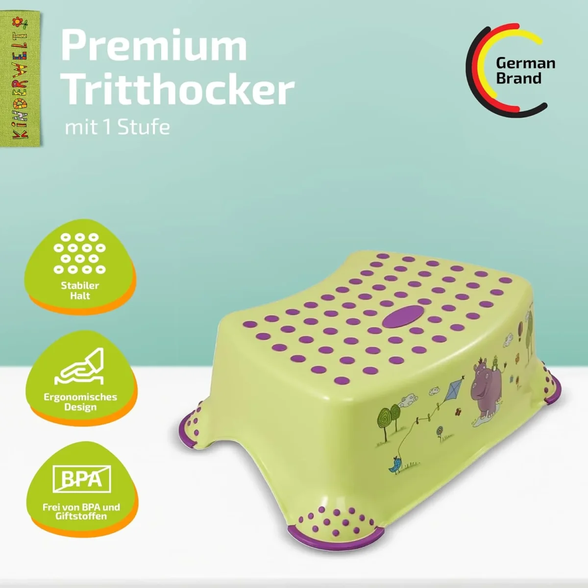 Premium Tritthocker Hippo grün stabiler Hocker für Kinder – Bild 3